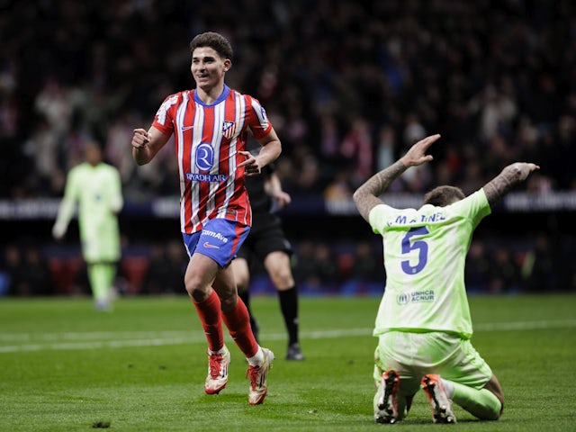 Atletico Madrid's Julian Alvarez celebrates scoring against Barcelona on March 16, 2025