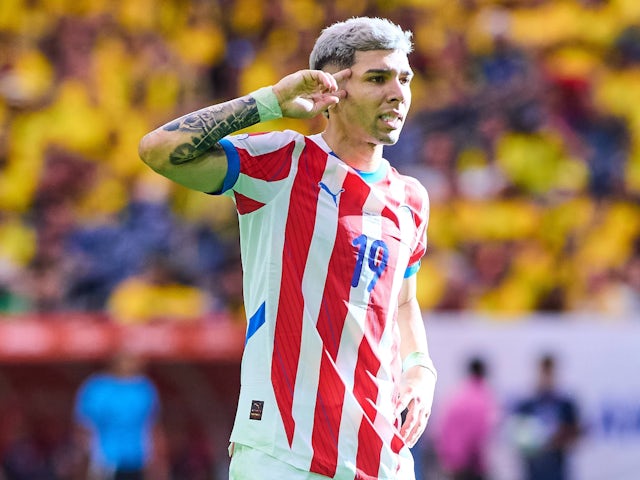 Julio Enciso celebrates scoring for Paraguay in June 2024