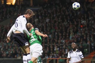 Peter Crouch scores for Tottenham against Werder Bremen in the Champions League in September 2010.