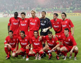 Liverpool players (1st row, L-R) Stephen Finnan, Milan Baros, Luis Garcia, Steven Gerrard, John Arne Risse; (2nd row, L-R) Djimi Traore, Xabi Alonso, Sami Hyypia, Jerzy Dudek, Jamie Carragher, Harry Kewell pose prior the UEFA Champions league football final AC Milan vs Liverpool, 25 May 2005 at the Ataturk Stadium in Istanbul.