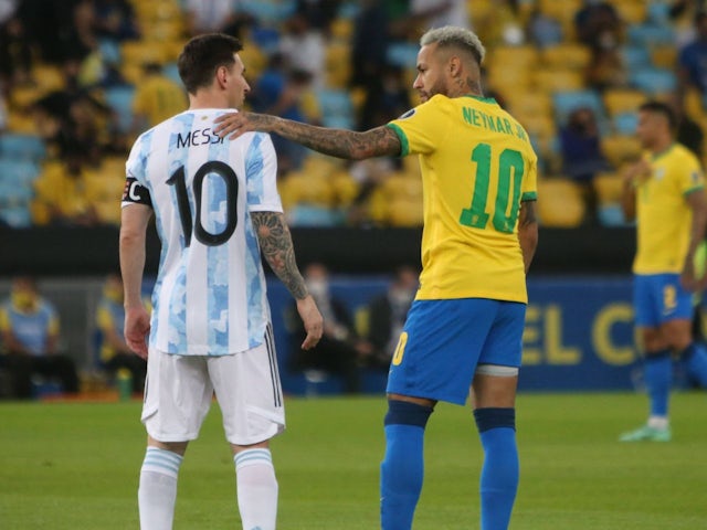 Argentina's Lionel Messi with Brazil's Neymar on July 10, 2021