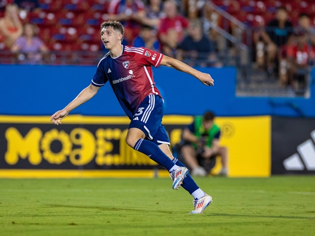 Logan Farrington celebrate a goal for Dallas in MLS action on July 13, 2024