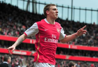 Nicklas Bendtner celebrates after scoring for Arsenal against Liverpool in April 2008.