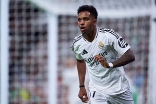 Rodrygo Goes of Real Madrid CF looks on during the La Liga EA Sports match between Real Madrid CF and Real Betis Balompié at Estadio Santiago Bernabeu on September 01, 2024 in Madrid, Spain.