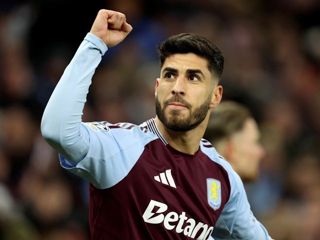 Marco Asensio of Aston Villa celebrates scoring against Club Brugge, on March 12, 2025