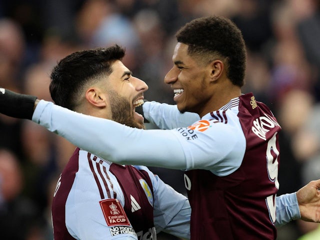 Aston Villa's Marcus Rashford celebrates with Marco Asensio on February 28, 2025