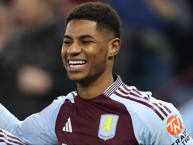 Aston Villa's Marcus Rashford celebrates on February 28, 2025