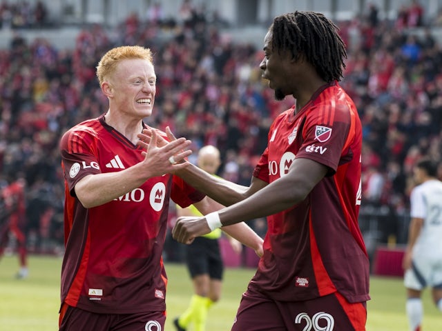 Matty Longstaff and Deandre Kerr celebrate a goal for Toronto on March 15, 2025