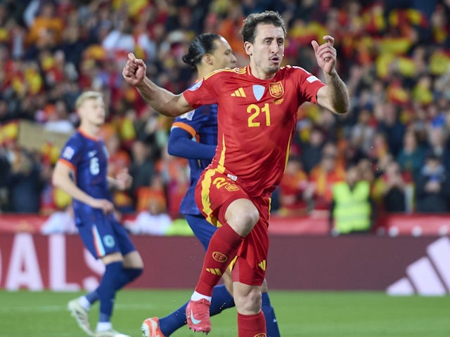 Spain's Mikel Oyarzabal celebrates scoring against Netherlands on March 23, 2025