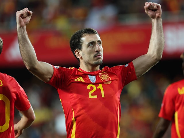 Spain's Mikel Oyarzabal celebrates scoring against Netherlands on March 23, 2025