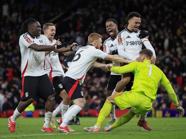 Fulham players celebrate beating Manchester United on penalties at Old Trafford on March 2, 2025