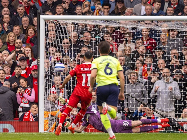 Mohamed Salah of Liverpool scores a penalty against Southampton, on March 8, 2025