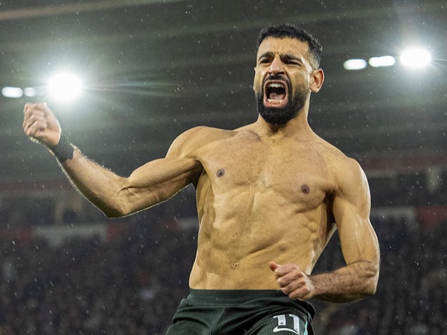 Mohamed Salah celebrates scoring for Liverpool on November 24, 2024