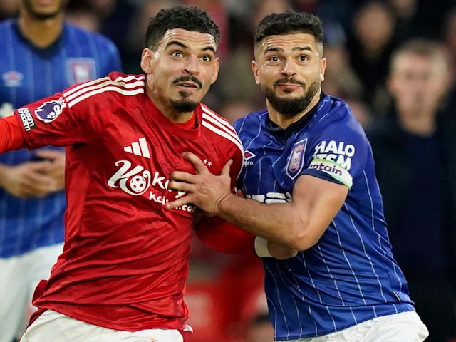 Ipswich Town's Sam Morsy and Nottingham Forest's Morgan Gibbs-White pictured on November 30, 2024