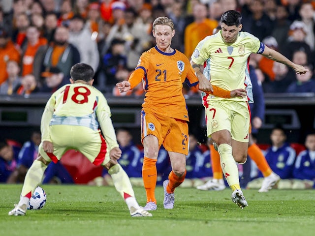 Spain's Alvaro Morata in action against Netherlands' Frenkie de Jong on March 20, 2025