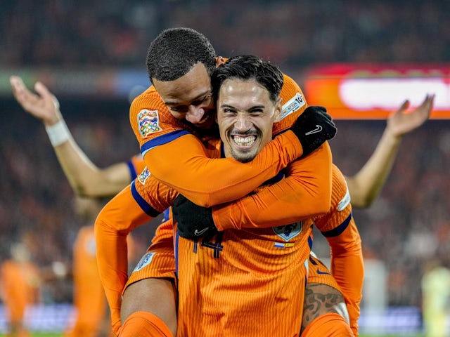 Netherlands midfielder Tijani Reijnders celebrates scoring against Spain on March 20, 2025