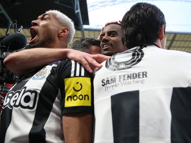 Newcastle United players celebrate scoring on March 16, 2025