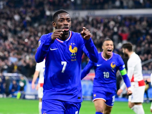 France's Ousmane Dembele celebrates scoring on March 23, 2025