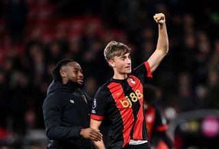 Dean Huijsen celebrates at the end of a game for Bournemouth