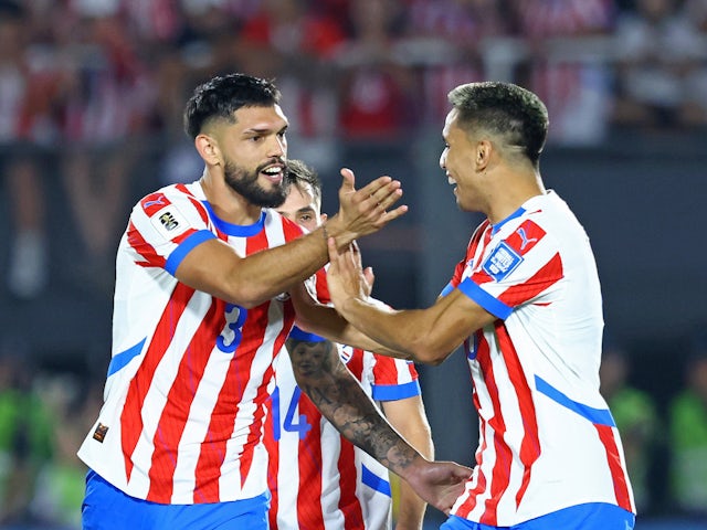 Paraguay's Omar Alderete celebrates his goal with teammates on November 14, 2024