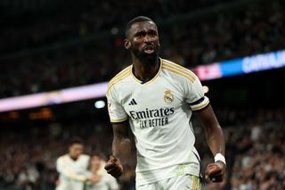 Liverpool target Antonio Ruediger of Real Madrid celebrates after Daniel Carvajal of Real Madrid scores the teams third goal during the LaLiga EA Sports match between Real Madrid CF and UD Almeria at Estadio Santiago Bernabeu on January 21, 2024 in Madrid, Spain. (Photo by Flor Tan Jun/Getty Images)