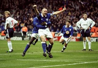 Matt Elliott celebrates after his second goal for Leicester City against Tranmere Rovers in the 2000 League Cup final.