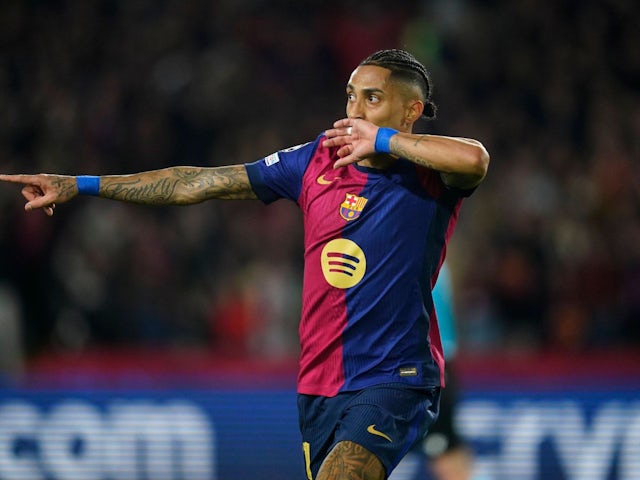 Barcelona's Raphinha celebrates scoring on March 11, 2025