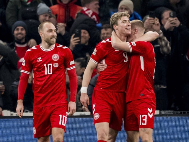 Rasmus Hojlund celebrates scoring the winner for Denmark on March 20, 2025