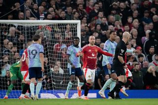 MANCHESTER, ENGLAND - MARCH 9: Bruno Fernandes of Manchester United scores 1st goal during the Premier League match between Manchester United FC and Arsenal FC at Old Trafford on March 9, 2025 in Manchester, England. (Photo by Ed Sykes/Sportsphoto/Allstar via Getty Images)