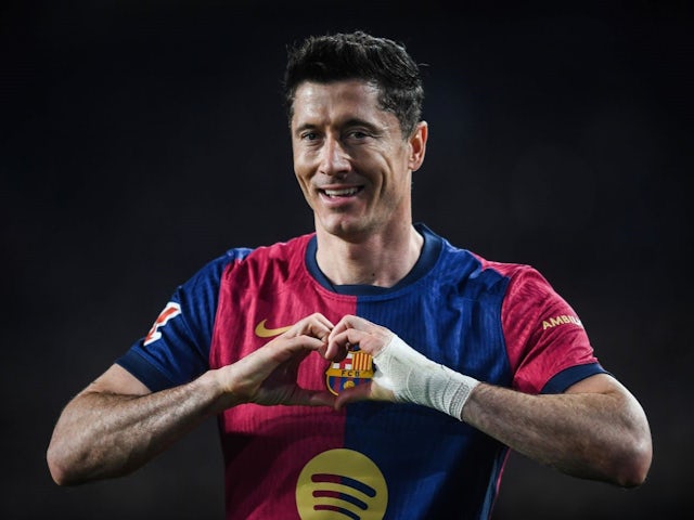 Robert Lewandowski celebrates after scoring for Barcelona on February 17, 2025