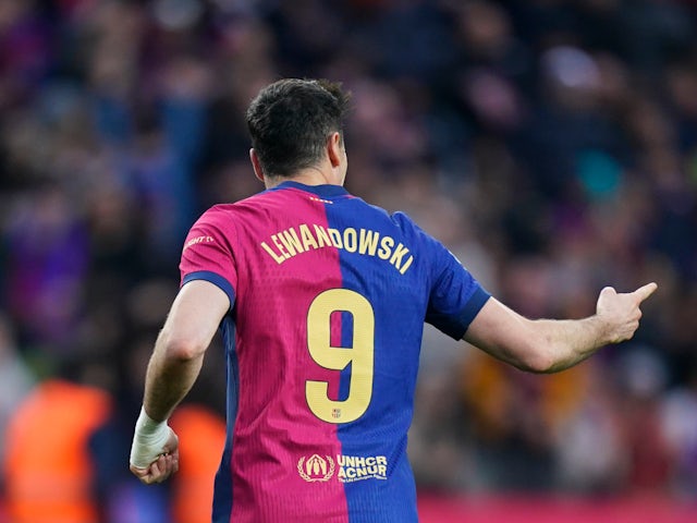 Barcelona's Robert Lewandowski celebrates a goal on March 2, 2025