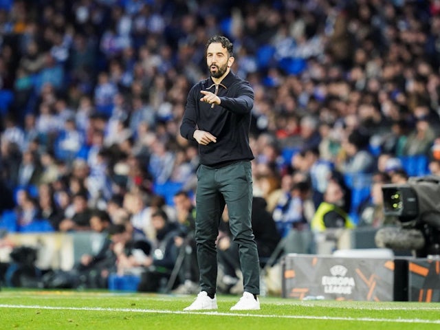 Manchester United boss Ruben Amorim gestures during his side's match against Real Sociedad, on March 6, 2025