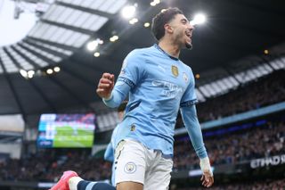 Omar Marmoush celebrates after scoring for Manchester City against Newcastle United in February 2025.