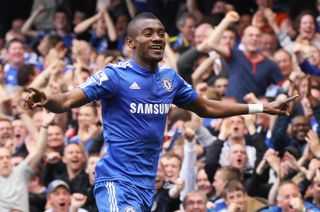 Salomon Kalou celebrates after scoring for Chelsea against Stoke City in April 2010.