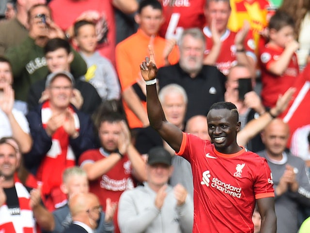 Liverpool's Sadio Mane celebrates scoring their first goal on September 18, 2021