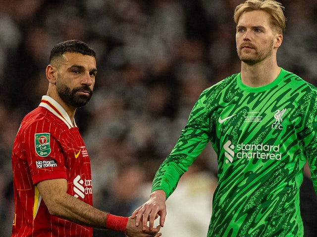 Liverpool's Mohamed Salah and Caoimhin Kelleher pictured on March 16, 2025