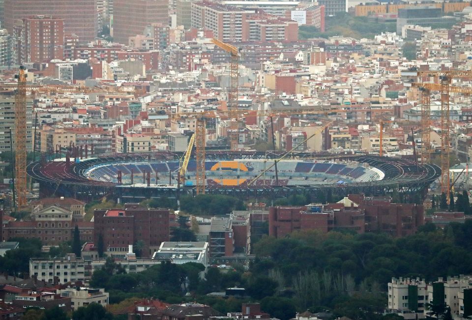 Aerial view of the Spotify Camp Nou stadium under construction in Barcelona.