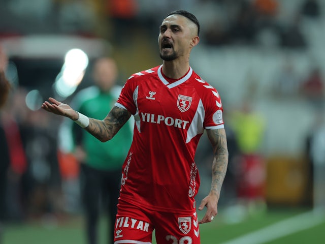 Samsunspor's Soner Gonul reacts during a Turkish Super Lig match against Besiktas on April 13, 2024