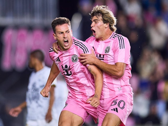 Tadeo Allende and Benjamin Cremaschi of Inter Miami celebrate a goal on March 6, 2025