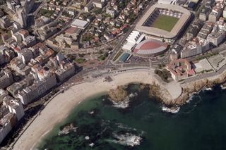 General view of Deportivo La Coruña's Riazor stadium and the beach of the same name in A Coruña, Spain.