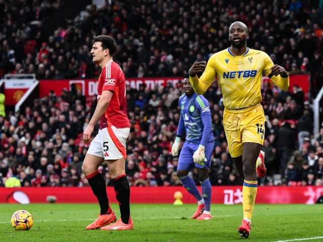 Crystal Palace's Jean-Philippe Mateta celebrates scoring against Manchester United on February 2, 2025