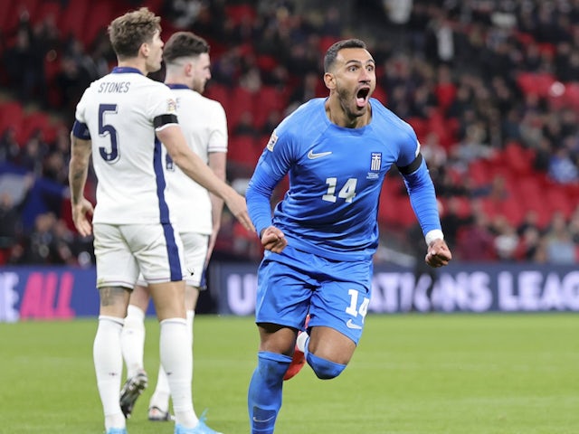 Vangelis Pavlidis of Greece celebrates scoring against England on October 10, 2024