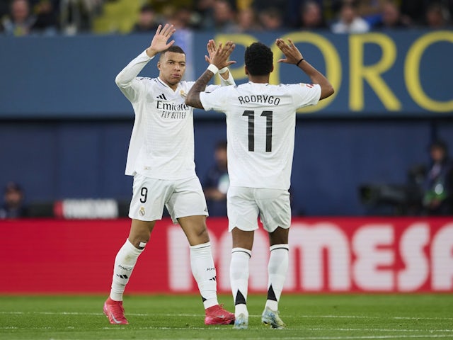 Real Madrid's Kylian Mbappe celebrates scoring against Villarreal on March 15, 2025