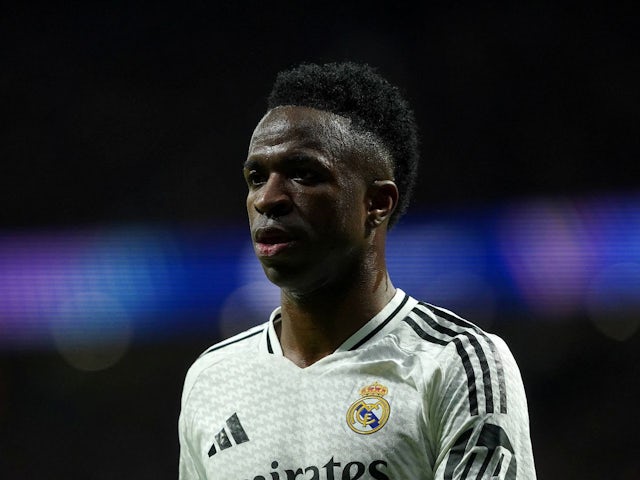 Vinicius Junior of Real Madrid during his side's match against Atletico Madrid, on March 12, 2025