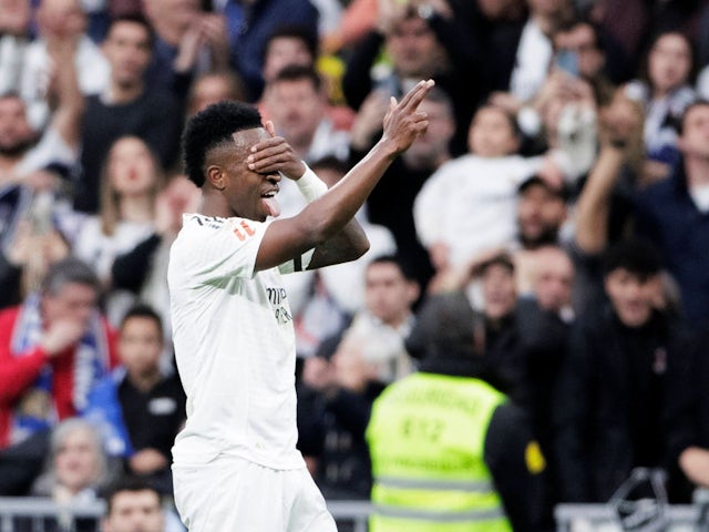 Vinicius Junior of Real Madrid celebrates scoring against Rayo Vallecano, on March 9, 2025