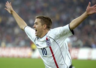 Michael Owen celebrates his second goal for England against Germany in September 2001.