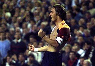 Francesco Totti celebrates after scoring for Roma against Real Madrid in October 2001.