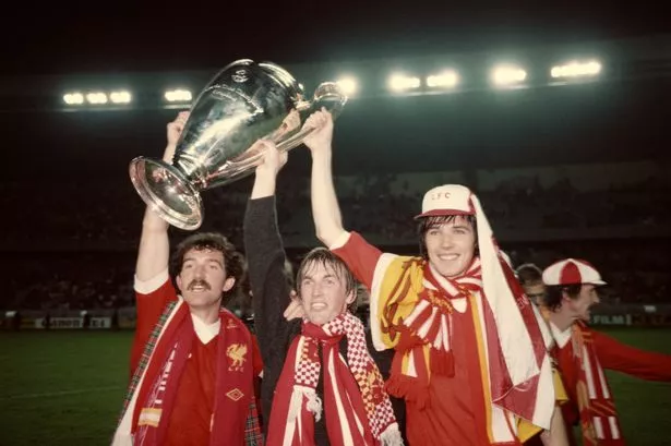 Liverpool's Graeme Souness, Kenny Dalglish and Alan Hansen celebrate with the European Cup back in 1981