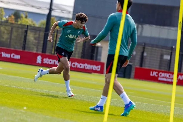 Stefan Bajcetic during a Liverpool training session.