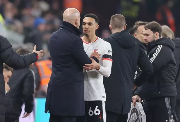 Arne Slot and Trent Alexander-Arnold during Aston Villa vs Liverpool.